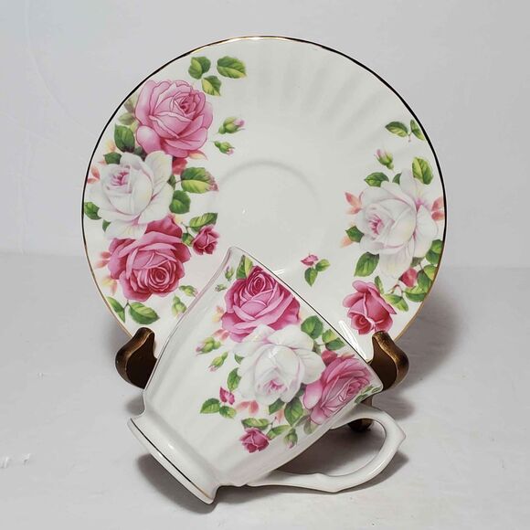 Pink and White Roses Teacup and Saucer Fine China - Picture 4 of 7